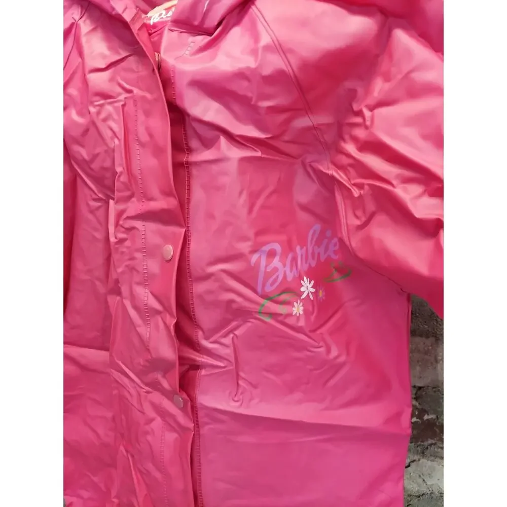 Barbie Girls Hooded Raincoat Pink Rain Jacket Slicker Snap Front Graphic 5t - Picture 2 of 4
